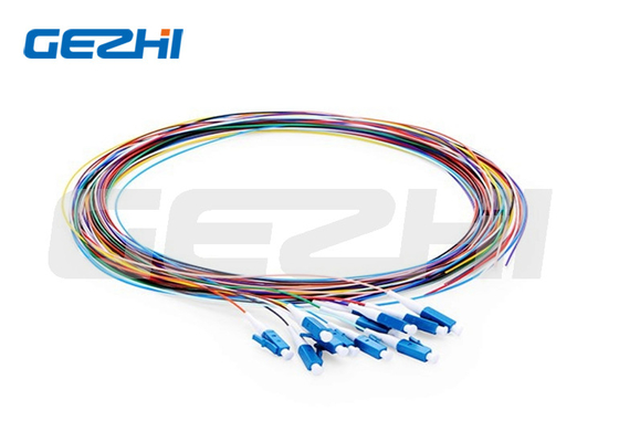 1m (3ft) LC UPC Serat Optik Pigtail 12 Serat OS2 Mode Tunggal Unjacketed Color-Coded PVC (OFNR) 0,9mm